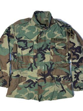 Vintage US Army Military Coat Mens Medium Cold Weather Field Camouflage Patches